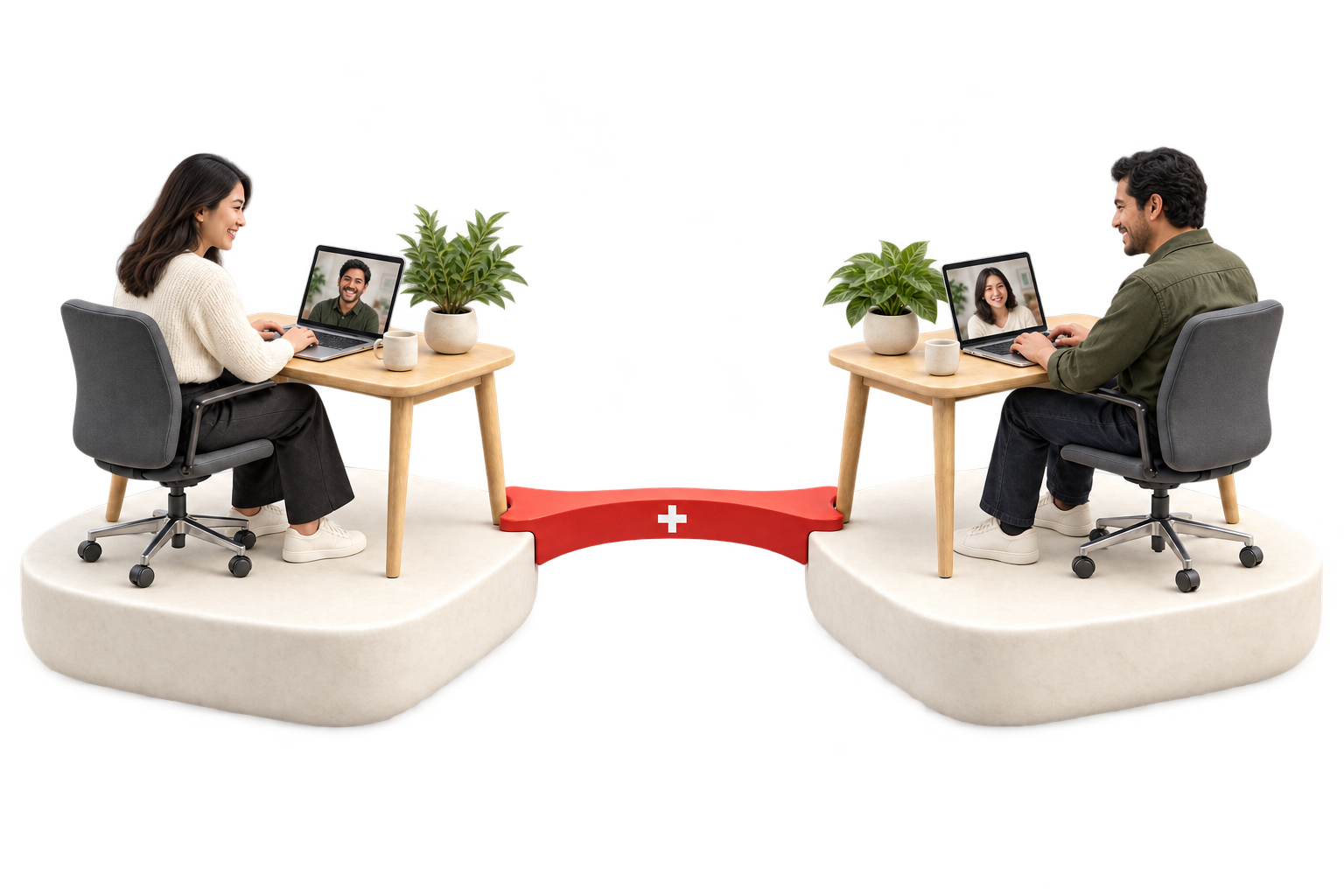 Two fictional participants at separate desks on two ivory platforms, each seeing the other through a laptop, joined by a slender red bridge with a small white Swiss cross. A sculptural metaphor for meeting together through SCRIBES Meet’s Swiss infrastructure.