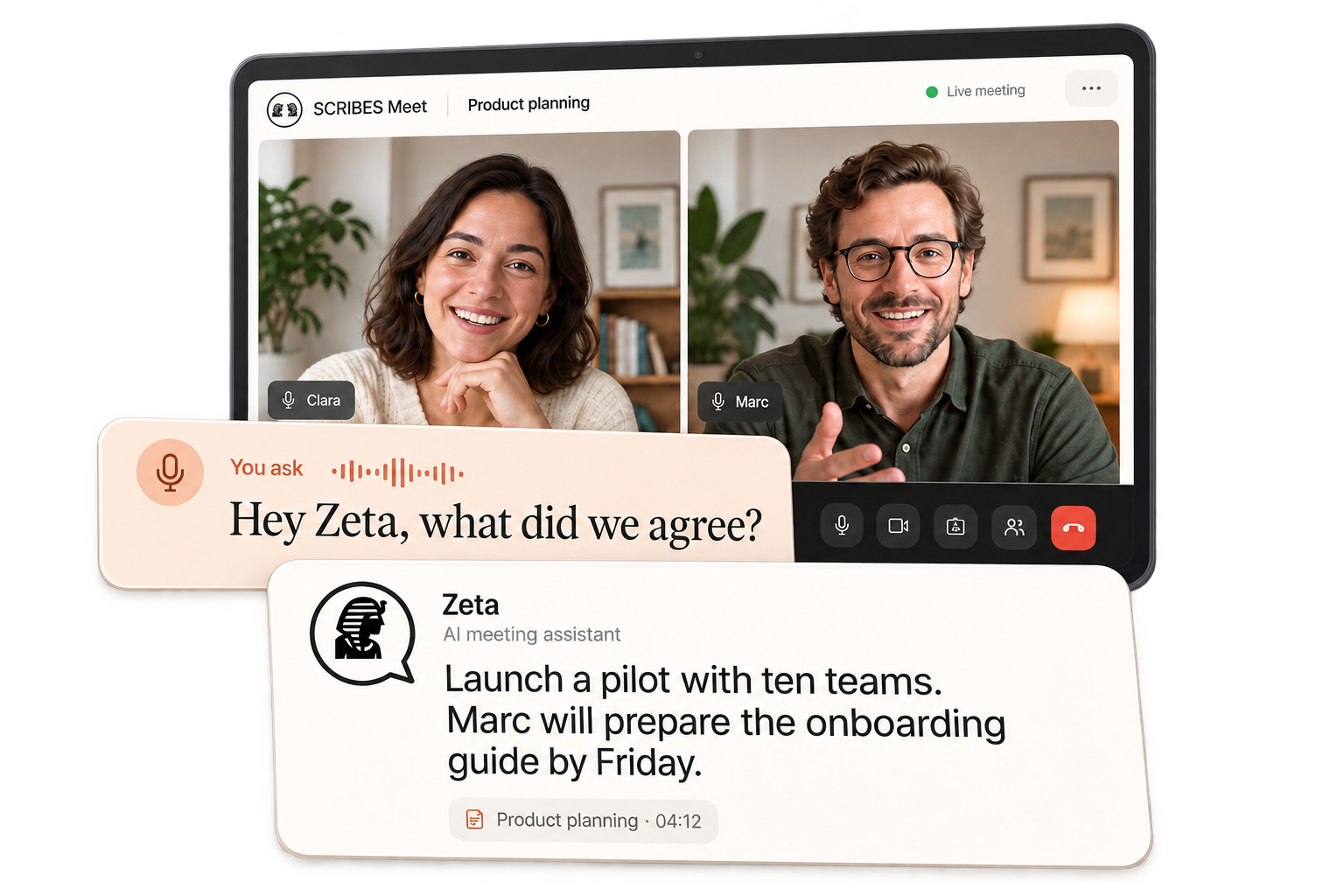 Clara and Marc in a SCRIBES Meet call, with a voice question and Zeta’s reply in the foreground.